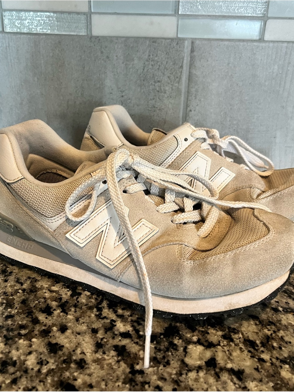 New Balance Beige and White Suede Mesh Sneakers